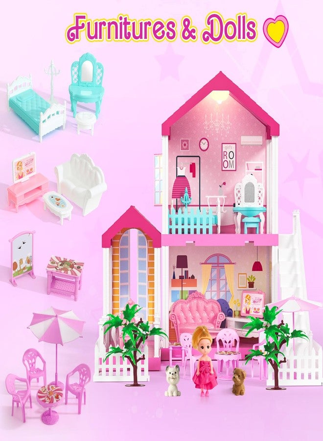 TUZT 2-Story Doll House with Stairway, Toy Figure, Pet Dogs, Furniture and Accessories, Pretend Play Dream Dollhouse with Light, Christmas Birthday Gifts for Kids Toddlers Girls Aged 3 4 5 6 - Image 2